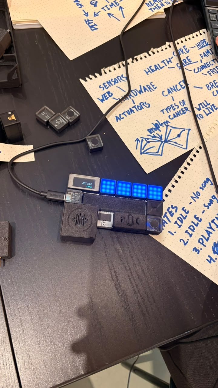 A board with a lit light grid on top of hand-drawn planning notes