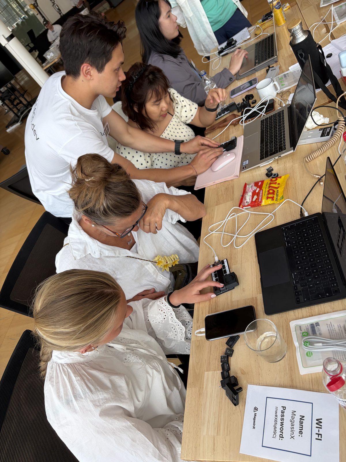 A team assembling kits at a table, seen from above