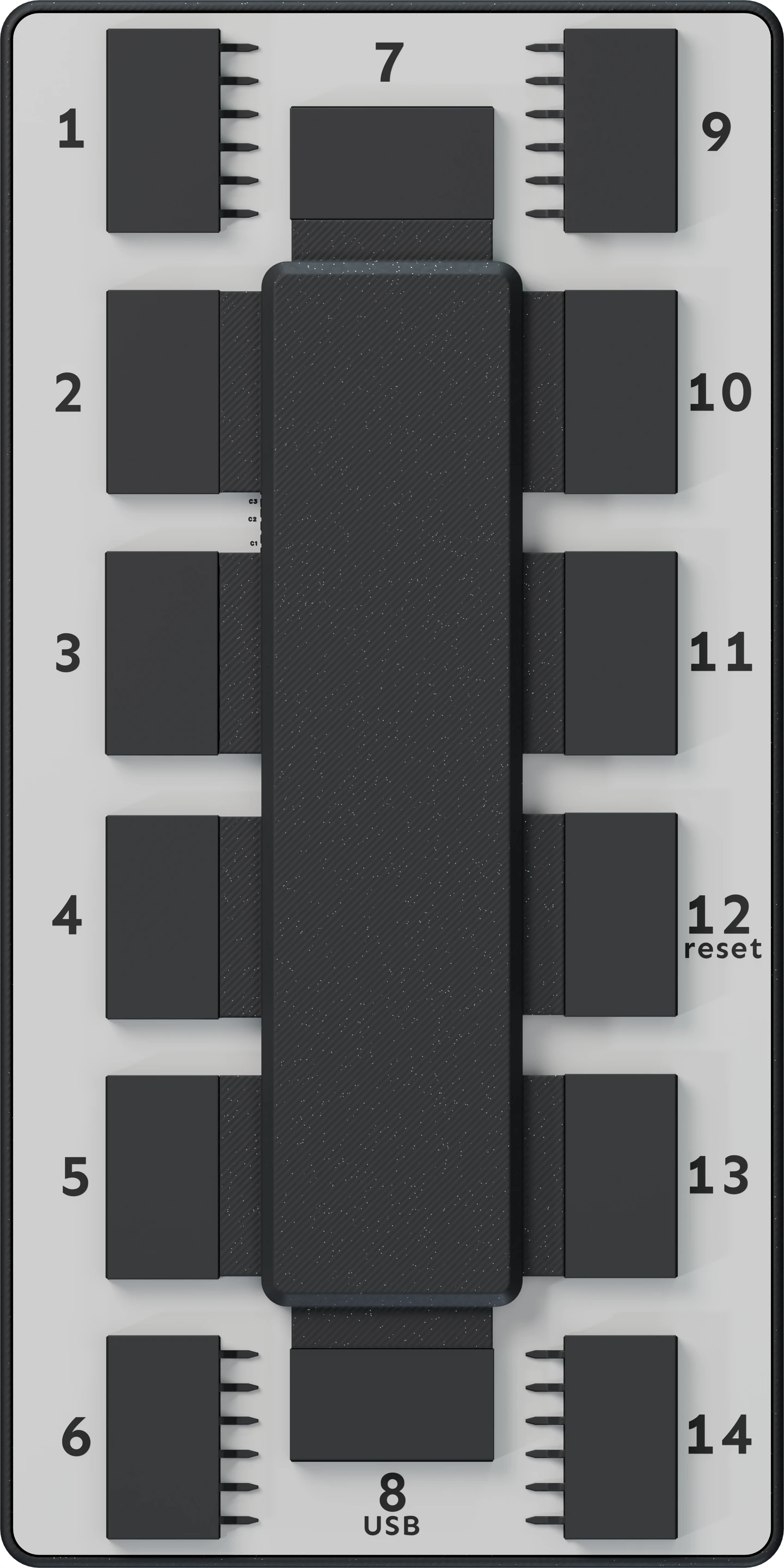 The motherboard seen from above, with ports numbered 1 to 14
